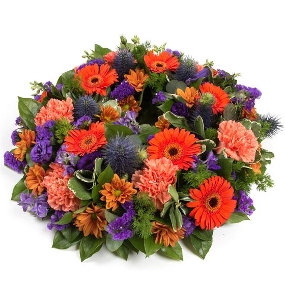 Orange & Purple Wreath Funeral Flowers Birkenhead